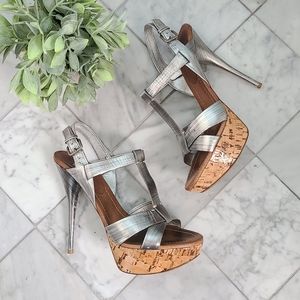 Miu Miu Metallic Patent Leather Cork Stiletto High Heel Sandals Silver 38.5